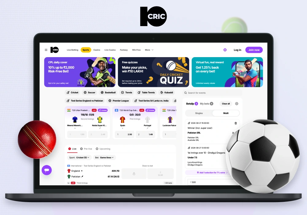 10CRIC India offers betting on popular sports